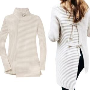 Cabi Asymmetrical D Ring Back Sweater Split Mock Neck Ribbed Pullover Cream XS